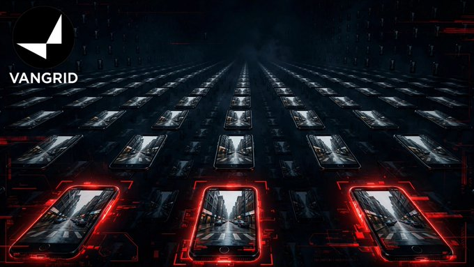 A dark futuristic graphic with the 'VANGRID' logo in the upper left, showing rows of smartphones displaying street scenes with red grid lines.