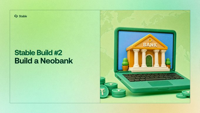 A promotional graphic for "Stable Build #2: Build a Neobank" featuring a 3D illustration of a laptop displaying a classical bank building with the word "BANK" on it, surrounded by Tether (USDT) coins, illustrating the concept of building a stablecoin-powered neobank on the Stable platform.