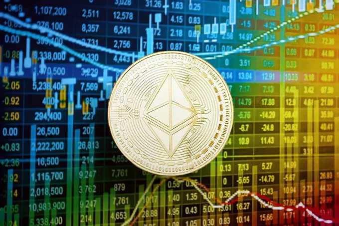 A close-up of an Ethereum (ETH) cryptocurrency coin overlaid on colorful financial market charts and numerical data.