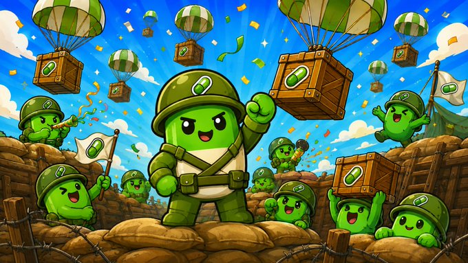 Cartoon-style illustration of green bean soldier mascots wearing military helmets and parachuting with supply crates over a battlefield with sandbags and barbed wire.