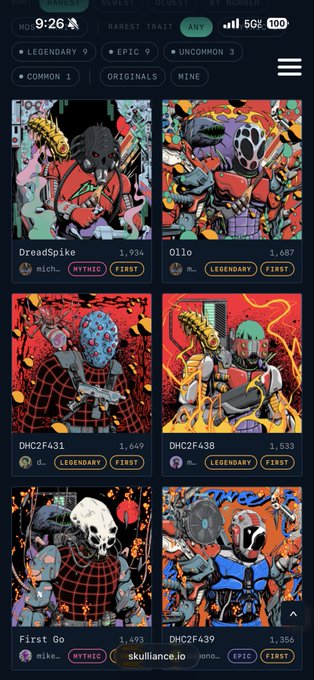 A screenshot of a mobile NFT marketplace app displaying a grid of digital art collectibles with traits like "LEGENDARY" and "EPIC," including items like "DreadSpike," "Ollo," and "First Go."