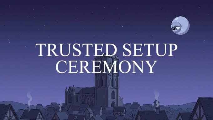 A title card reading 'TRUSTED SETUP CEREMONY' is displayed over an illustrated nighttime scene of a medieval town with a large cathedral, tiled rooftops, and a crescent moon with an eye in the sky.