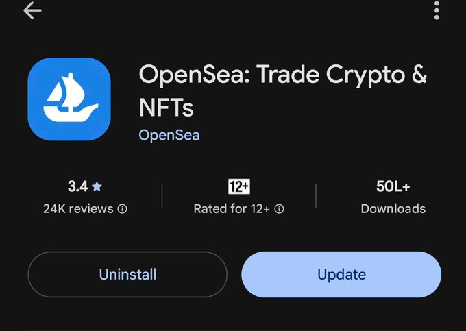 Google Play Store listing for 'OpenSea: Trade Crypto & NFTs' by OpenSea, rated 3.4 stars with 24K reviews, 50M+ downloads, showing Uninstall and Update options.