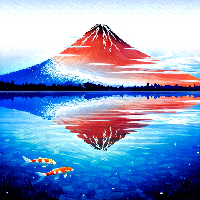 An artistic painting of Mount Fuji with its reflection in a lake, featuring two koi fish swimming in the foreground.
