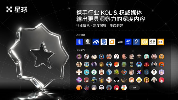 Chinese platform advertisement for 星球 (Planet) describing collaboration with industry KOLs and authoritative media for in-depth content, showing media logos and KOL avatar thumbnails.