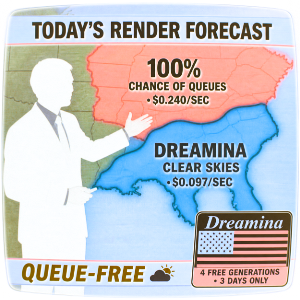 A humorous "weather forecast" graphic titled "TODAY'S RENDER FORECAST" with "100% CHANCE OF QUEUES" and a "Dreamina" advertisement promoting "4 FREE GENERATIONS • 3 DAYS ONLY".