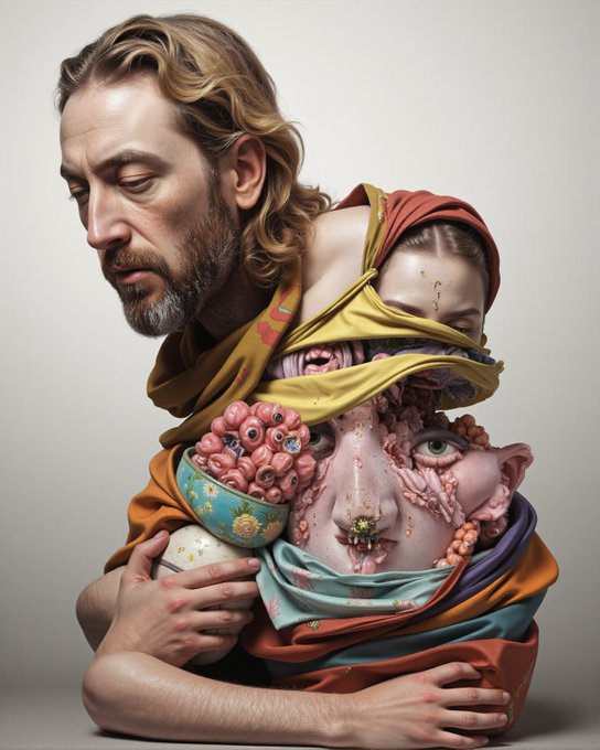 The image showcases a surreal composition that appears to be a digital creation or a heavily edited photograph, emphasizing themes of connection and disconnection through the fusion of human and object forms. It visually complements the related post, which expresses gratitude for the collection of 100 F//ZZ Drops, possibly a part of a digital or virtual event or campaign, indicated by the hashtag and the credit to individuals and the platform involved. The artwork may symbolically represent the diverse and interconnected nature of the community involved in the F//ZZ Drops initiative.