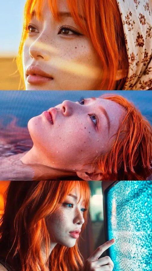 A triptych of close-up portraits featuring a young woman with vibrant orange hair and freckles in warm sunset, cool water, and teal-lit settings. The imagery stylistically ties to the AI music/art branding of the post, which seeks advice on launching a token for an AI record label, with the model appearing to embody the visual aesthetic of the "$cashcat" project.
