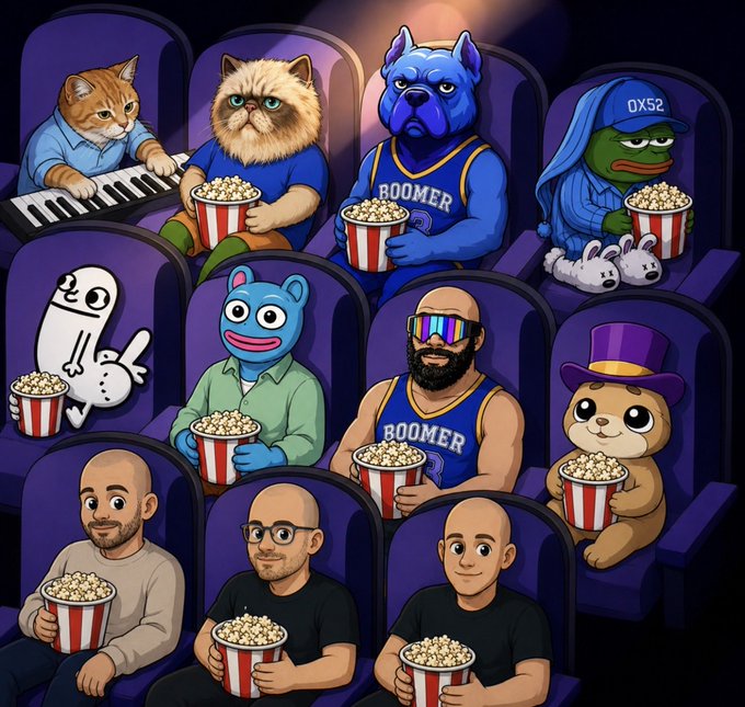 A colorful cartoon illustration of various internet/meme characters including cats, a blue dog 'Boomer', Pepe the Frog, and bald men sitting in a movie theater eating popcorn.