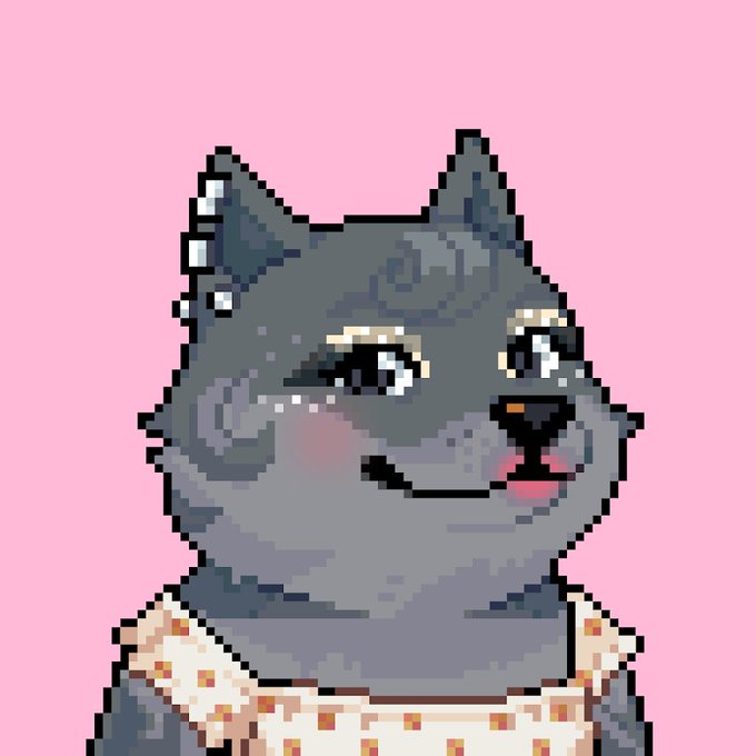 A pixel art portrait of a gray cat with a smug expression, wearing a patterned bib against a solid pink background.