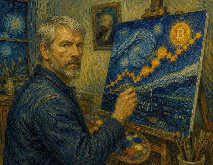 In the image, a man with white hair is painting a picture of the night sky using a brush and paint. He appears to be wearing a blue jacket while he works on his art. The painting depicts a scene from the Starry Night series by Vincent Van Saylor, which features a large Bitcoin symbol in the center of the painting. This unique combination of elements suggests that the artist is exploring themes related to technology, finance, and digital currency through traditional art forms like painting.