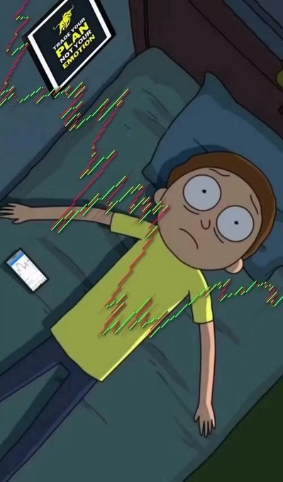 A cartoon image of Morty from Rick and Morty lying in bed with wide eyes, overlaid with candlestick trading charts and a 'TRADE YOUR PLAN NOT YOUR EMOTION' sign.