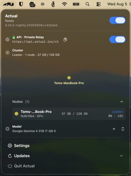 This image shows the "Actual" application, likely a private inference cluster accessible from anywhere, powered by Bittensor as indicated in the accompanying post. The display details a cluster leader on "Toms-MacBook-Pro" running a "Google Gemma 4 318 IT Q8 0" model, relating directly to the post's description of setting up a personal AI BBS.