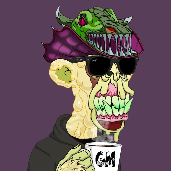 A stylized cartoon illustration of a grotesque creature with green lizard-like skin, a purple underbite, and a yellow ear, wearing black 'Venge' sunglasses and a black hoodie while holding a steaming white cup with a 'CH' skull logo, against a dark purple background.