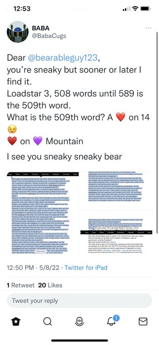 A Twitter screenshot from user @BabaCugs addressing @bearableguy123, playfully asking about the 509th word in a 508-word passage, with attached images of the text and a hint that the answer involves emoji clues.