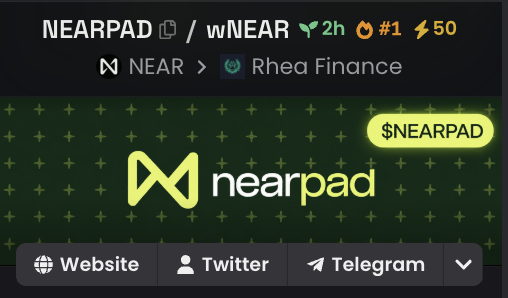 The image displays a NEARPAD token listing on DEXTools, showing NEARPAD/wNEAR as a 2-hour pair ranked #1 with 50 boosts (highlighting the post's "50x boosts added on Dex" announcement), with Rhea Finance listed as the related platform. The card prominently features the Nearpad logo and ticker "$NEARPAD" with links to Website, Twitter, and Telegram.
