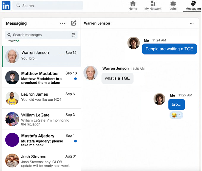 A LinkedIn messaging interface showing a conversation with Warren Jenson about a 'TGE' (Token Generation Event). Other conversations visible include Matthew Modabber, LeBron James, William LeGate, Mustafa Aljadery, and Josh Stevens.