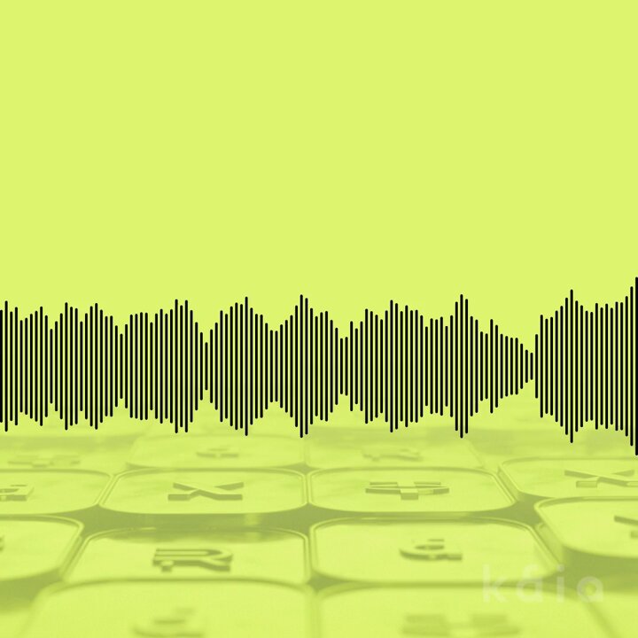 The image features a keyboard with letters arranged in rows of three. The keys are black and white, creating an interesting visual effect when combined with the sound waves coming from the keyboard. The background is a bright yellow color that contrasts with the black and white keys, making them stand out even more. In the bottom right corner of the image, there's text that reads "Kaio" followed by a website address or URL.