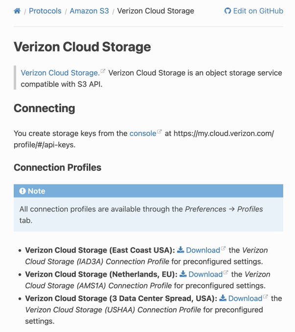 A documentation page showing how to connect Verizon Cloud Storage—which is S3-compatible—to the Cyberduck app, with connection profiles available for download for East Coast USA (IAD3A), Netherlands (AMS1A), and a 3 Data Center Spread (USHAA) configuration.
