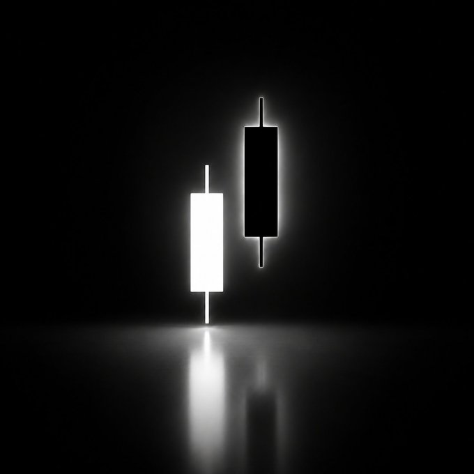 Two illuminated candlestick chart patterns, one white and one black, glowing against a dark background with their reflections visible on the surface below.