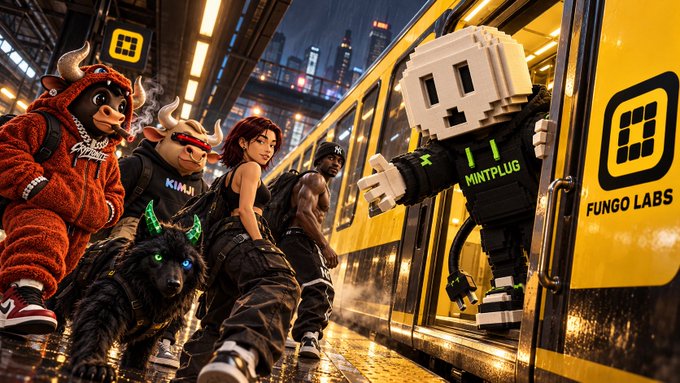 A group of stylized characters—including a bull mascot, a wolf-like creature, a woman in tactical gear, a shirtless figure, and a blocky robot labeled "MINTPLUG"—run alongside a yellow subway train branded with the Fungo Labs logo and its grid icon, visually capturing the crypto "all aboard" theme of the post.