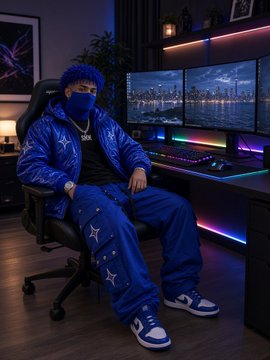 A person in a blue mask and matching blue star-patterned outfit sits in a gaming chair in front of a dual-monitor setup displaying a city skyline.