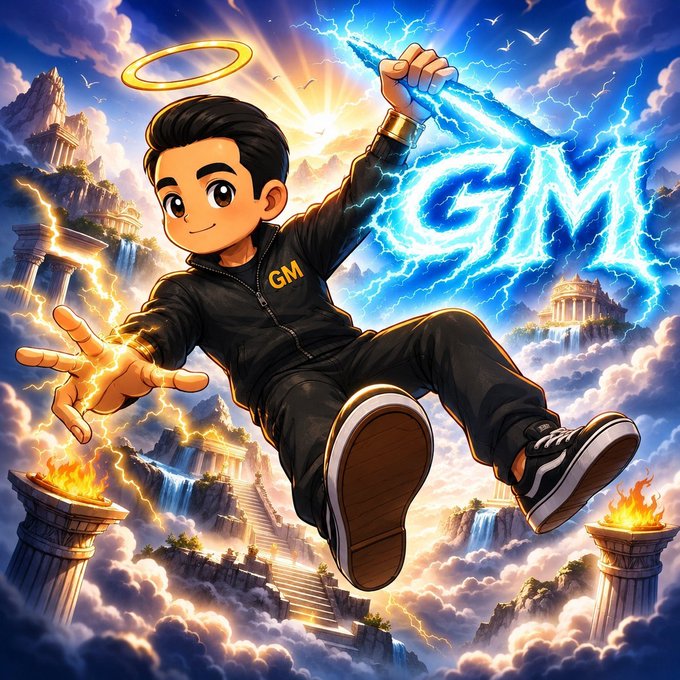 Anime-style illustration of a boy in black athletic wear with 'GM' lettering leaping through a cloudy sky, wielding glowing blue lightning forming the letters 'GM' alongside golden energy.