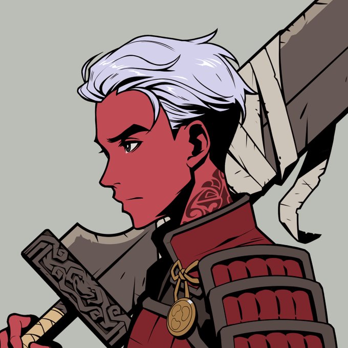 An anime-style illustration of a red-skinned character with white hair, tribal tattoos, and red samurai-style armor, shown in profile view with a large weapon on their back.