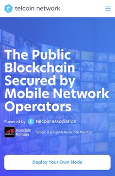 The image shows a promotional webpage for Telcoin Network with the headline "The Public Blockchain Secured by Mobile Network Operators" and a "Deploy Your Own Node" call-to-action button, noting Telcoin is a GSMA Associate Member. It relates to the post by inviting users to run their own validator node for the Telcoin ($TEL) network, highlighting the network's mobile operator-backed infrastructure.