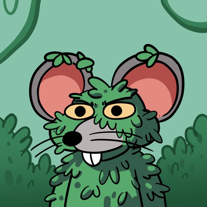 A cartoon illustration of a grumpy-looking green mouse-like creature with large pink ears, sharp teeth, and a leafy crown, set against a background of green bushes.