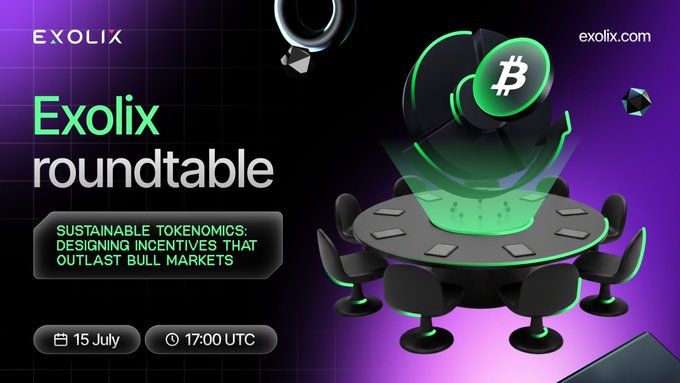 Exolix roundtable event promotion featuring 'Sustainable Tokenomics: Designing Incentives That Outlast Bull Markets' on 15 July at 17:00 UTC.