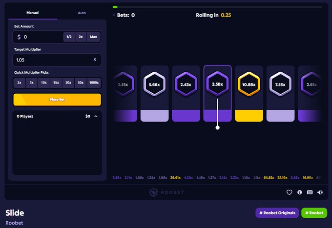 The image shows the "Slide" game by Roobet, a betting interface with a manual betting panel set at $0 and a target multiplier of 1.05x, alongside a row of hex-shaped multiplier tiles (2.51x, 5.66x, 2.43x, 3.58x, 10.88x, 7.55x, 2.61x) with a countdown timer rolling in 0.25 seconds. This connects to the post by showcasing one of Roobet's 13 self-developed Originals games, illustrating the platform's variety of quick, easy-to-play crypto gambling options.