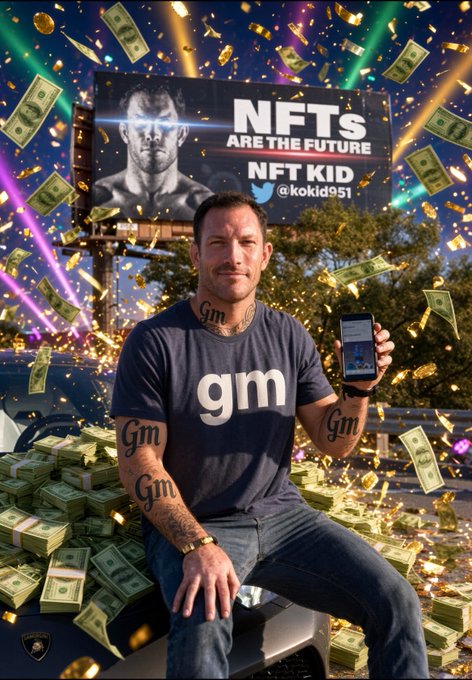 A confident man wearing a "gm" t-shirt and matching "gm" tattoos sits on a Lamborghini surrounded by falling cash and gold confetti, holding a phone while a billboard behind him reads "NFTs ARE THE FUTURE — NFT KID @kokid951." The image visually embodies the post's "gm" greeting and promotional call to collect XRPL NFTs, using flashy wealth imagery to hype the NFT community and invite others to share their art.