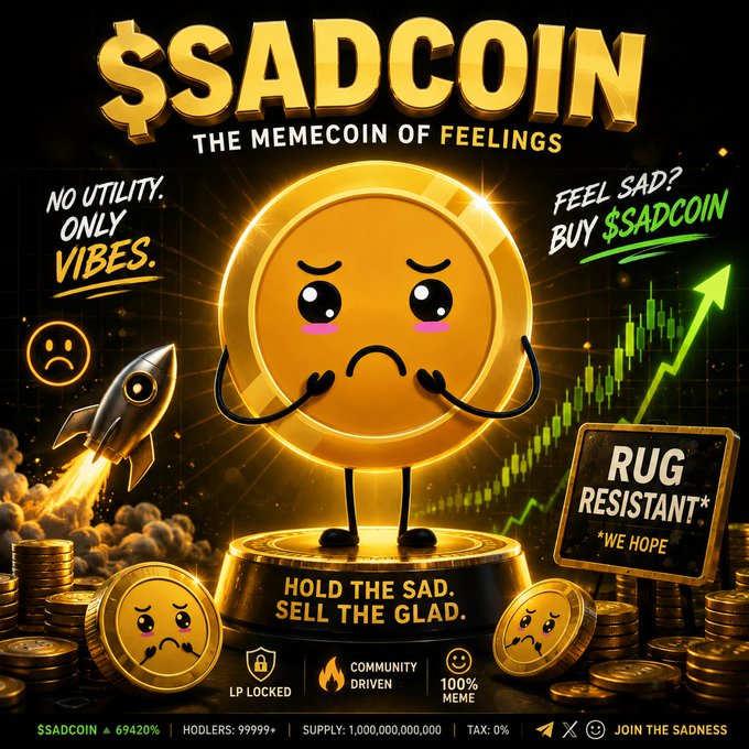 A promotional graphic for '$SADCOIN - The Memecoin of Feelings' featuring a sad cartoon coin character, with text reading 'NO UTILITY. ONLY VIBES.', 'FEEL SAD? BUY $SADCOIN', 'RUG RESISTANT* WE HOPE', and 'HOLD THE SAD. SELL THE GLAD.'