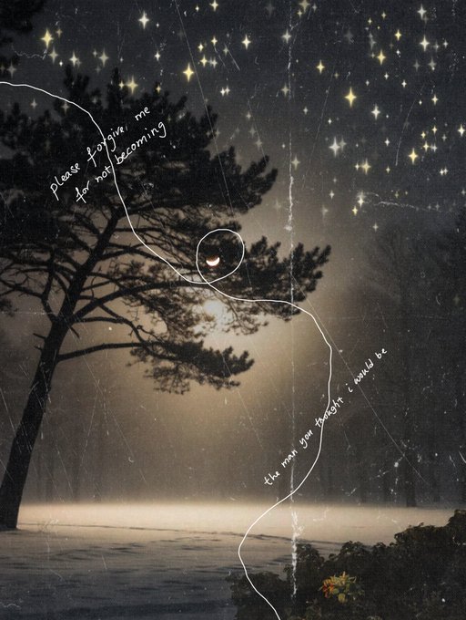 The image features a tree with a crescent moon above it, set against a starry night sky. The caption reads "Please forgive me for not becoming the man you thought I would be" and includes an offer of a free art piece.