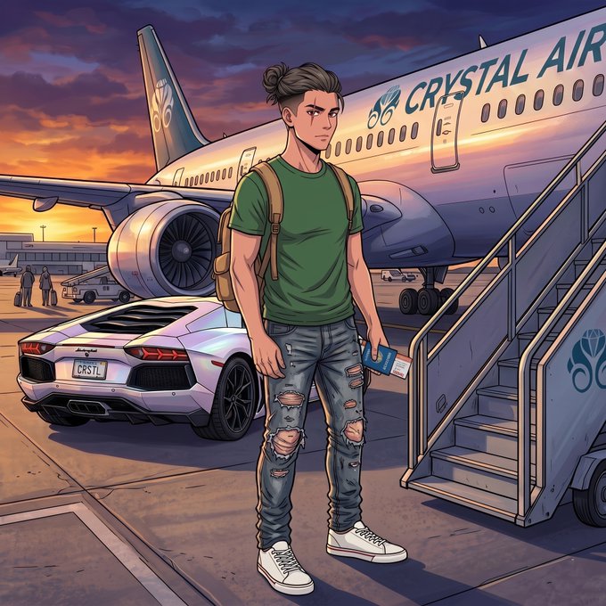 An illustrated scene of a young man with a man bun, wearing a green shirt and ripped jeans, holding a ticket while walking near a white Lamborghini with license plate 'CRYSTL' and boarding stairs to a 'Crystal Air' airplane at sunset.