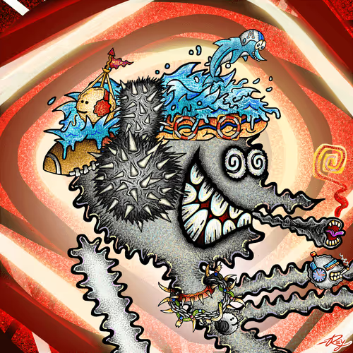 A colorful, surreal cartoon artwork depicting a chaotic monster-like creature with swirling tentacles, jagged teeth, and multiple cartoon eyes against a red and orange background.