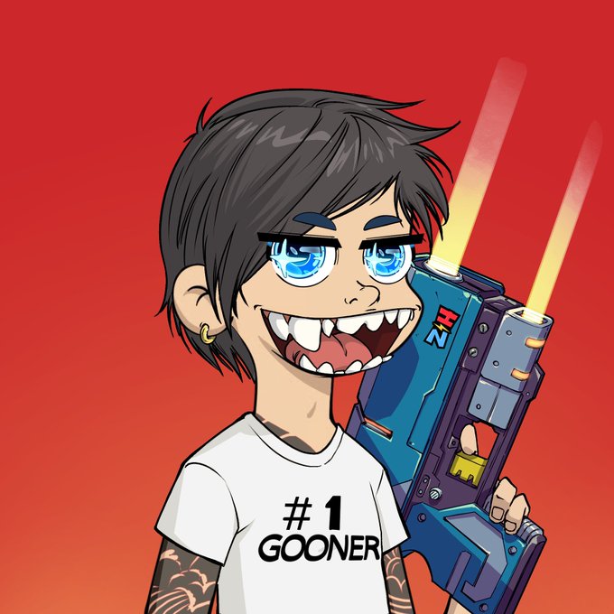 An anime-style cartoon illustration of a dark-haired character with blue eyes holding a futuristic blue and yellow blaster weapon, wearing a white t-shirt that reads "#1 GOONER" against a red background.