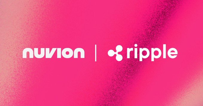 A bold pink promotional graphic featuring the white "nuvion | ripple" logos side by side, visually linking the Nuvion AI banking platform to its Ripple partnership—including the newly announced RLUSD stablecoin integration highlighted in the post.
