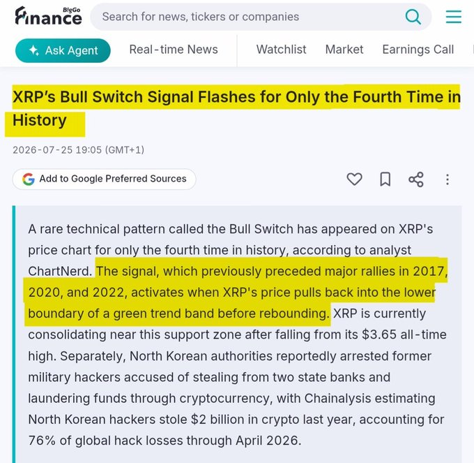 A screenshot from BigGo Finance news with the headline "XRP's Bull Switch Signal Flashes for Only the Fourth Time in History," dated 2026-07-25, discussing the rare technical pattern preceding rallies in 2017, 2020, and 2022.
