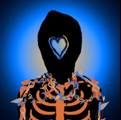 A stylized image of a silhouetted figure with a glowing blue heart on its face and an orange skeletal design on its body against a blue background.