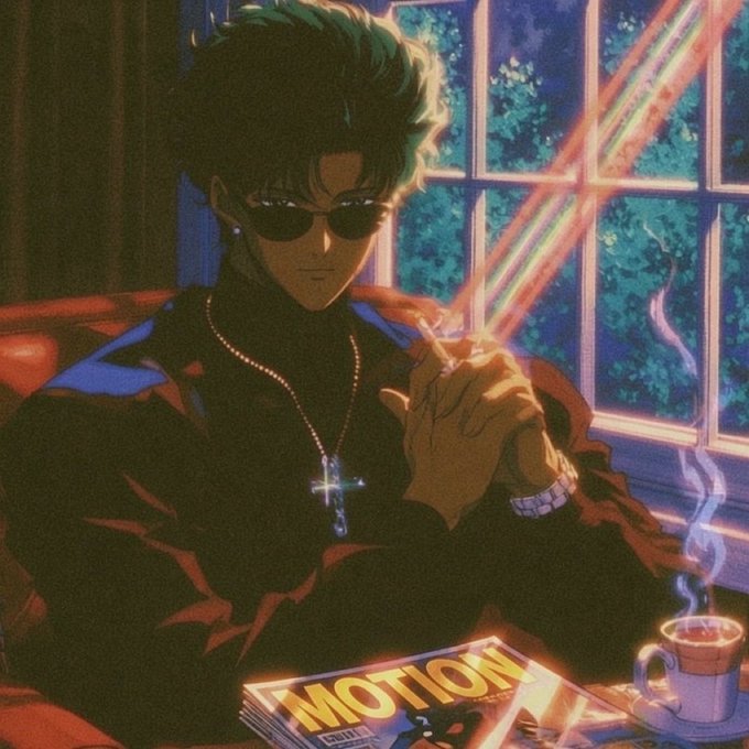 An anime-style illustration of a cool-looking character with green hair, sunglasses, and a cross necklace, smoking a cigarette by a window with a magazine titled 'MOTION' and a steaming cup on the table.