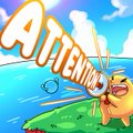 A mobile game thumbnail featuring a cartoon dog character on a green island with the text 'ATTENTION' prominently displayed in orange and white letters.