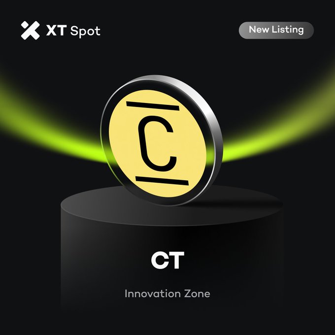 XT Spot promotional graphic announcing a new listing for 'CT' (Innovation Zone), showing a 3D yellow coin with the 'CT' logo on a black pedestal.
