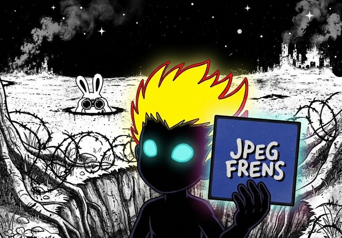 A cartoon illustration of a dark character with glowing blue eyes and yellow flame-like hair holding a blue sign that reads "JPEG FRENS," with a small white rabbit-like creature in the background on a barren landscape under a starry sky.