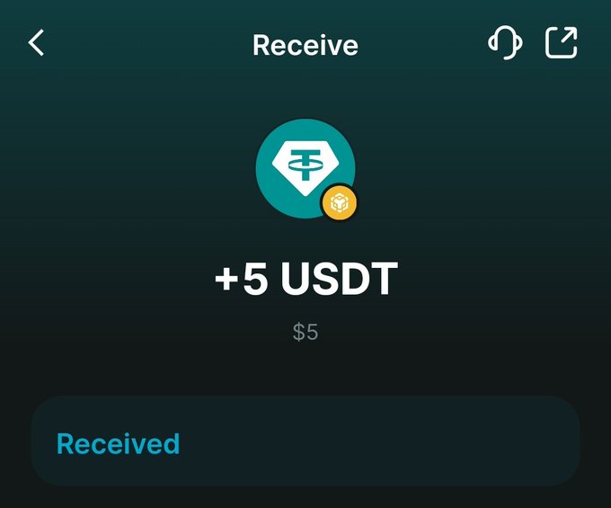 A mobile wallet app screenshot displaying a "Receive" screen showing a successful transaction of +5 USDT ($5) with a "Received" status.