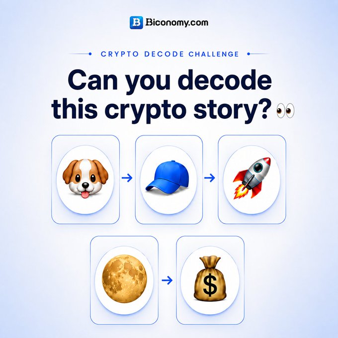 A promotional image for Biconomy.com's "Crypto Decode Challenge" features five emoji icons (a dog, a cap, a rocket, a moon, and a money bag) connected by arrows, asking viewers to decode the visual sequence into a cryptocurrency name, with the accompanying text encouraging users to follow, repost, and comment their guesses.