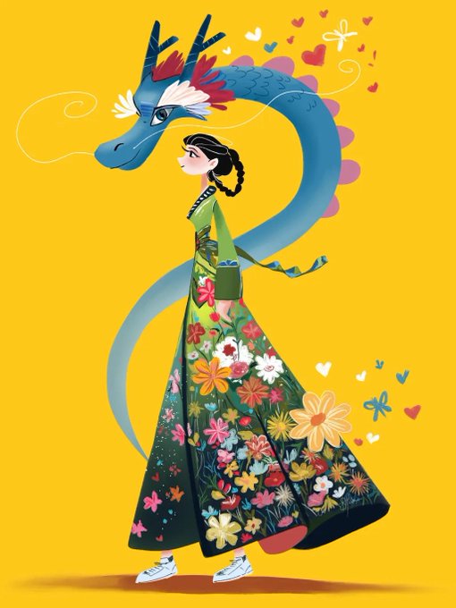 A whimsical illustration depicts a woman in a green floral gown accompanied by a blue dragon against a yellow background, symbolizing the "Bloom & Scale" NFT artwork featured in the post's promotion. The vibrant, fantastical imagery reflects the creative and limited-edition nature of the XRP Cafe collection being advertised.
