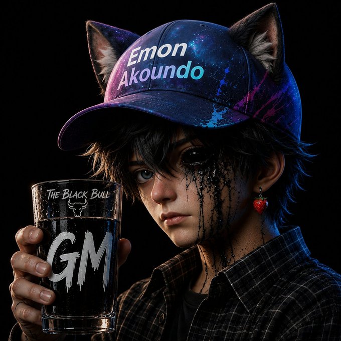A dark digital artwork portrays a person wearing a galaxy-patterned cap reading 'Emon Akoundo' with cat ears, crying black tears, a strawberry earring, and holding a glass labeled 'THE BLACK BULL GM'.