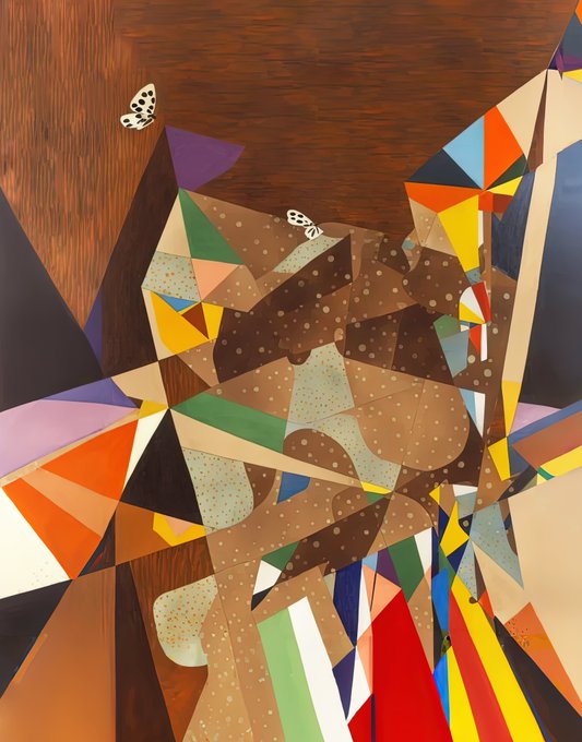 A colorful, abstract artwork features a mosaic of geometric shapes and patches in various colors, including brown, orange, yellow, and green, mounted on a wooden surface with two small white butterfly decorations.